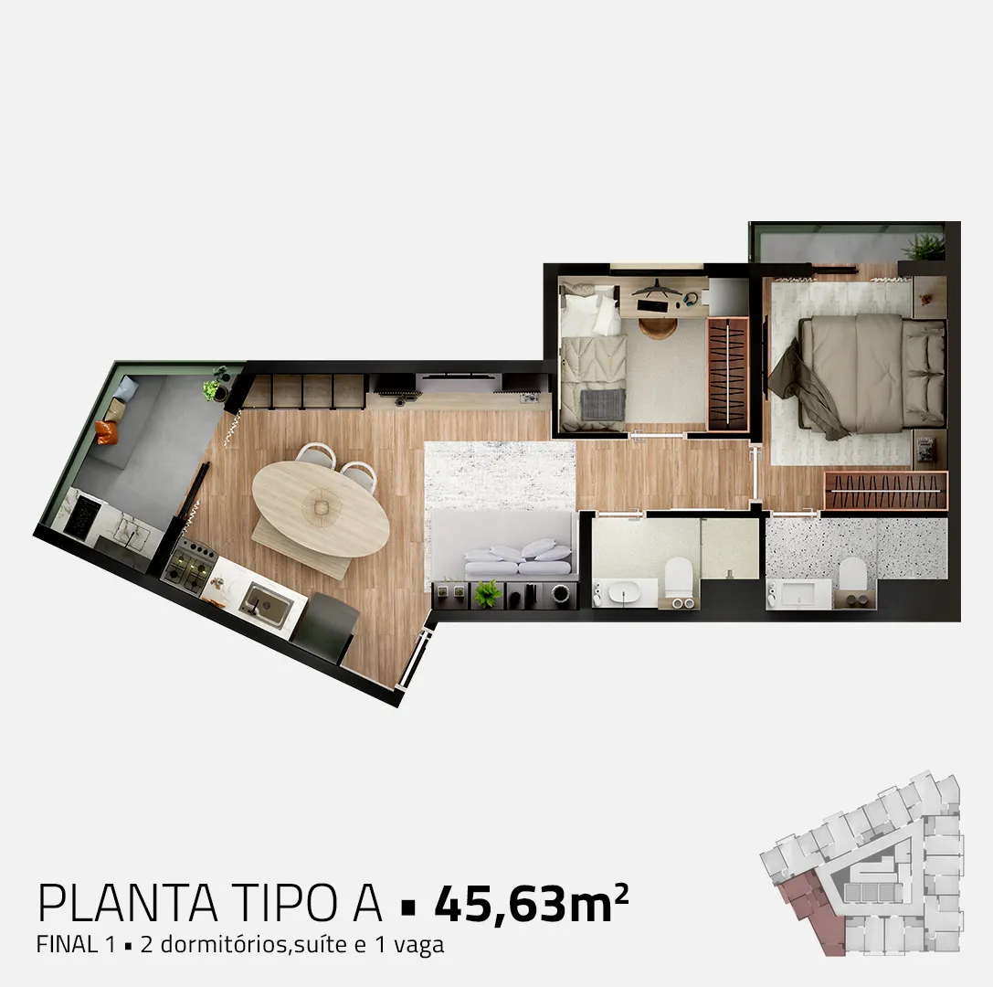Apto. Tipo A - 45,63 m2 - 2 dorms., suíte e vaga