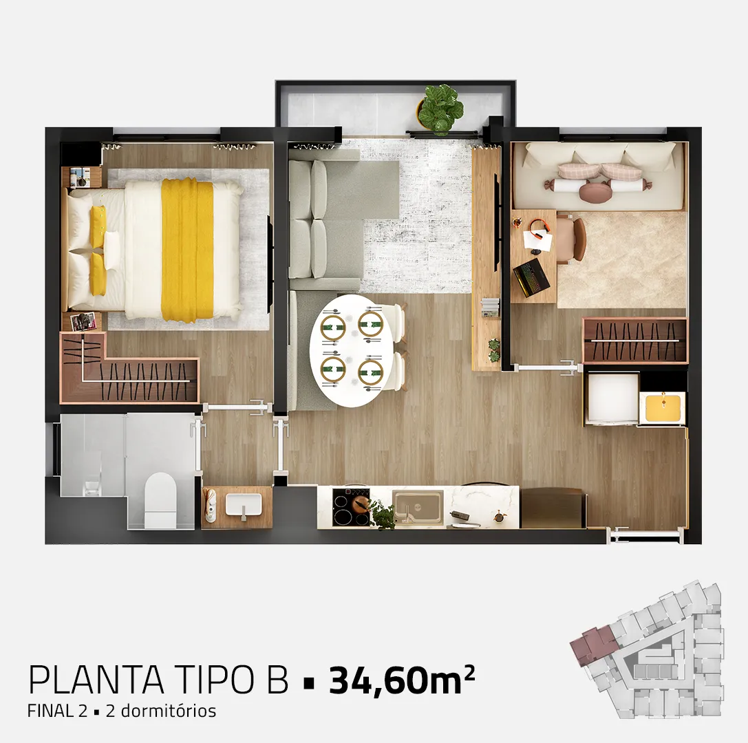 Apto. Tipo B - 34,60 m2 - 2 dorms.