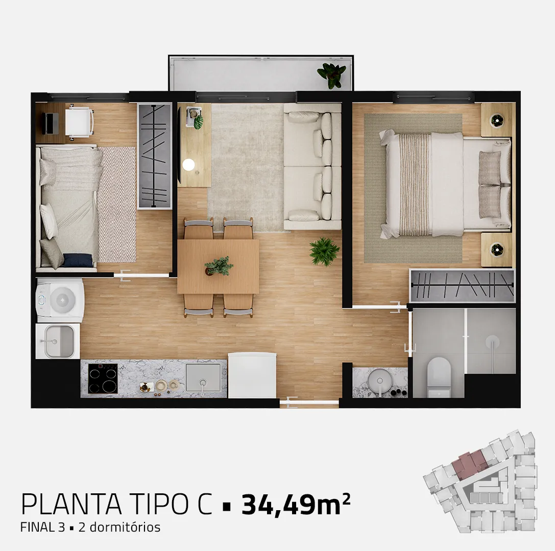 Apto. Tipo C - 34,49 m2 - 2 dorms.