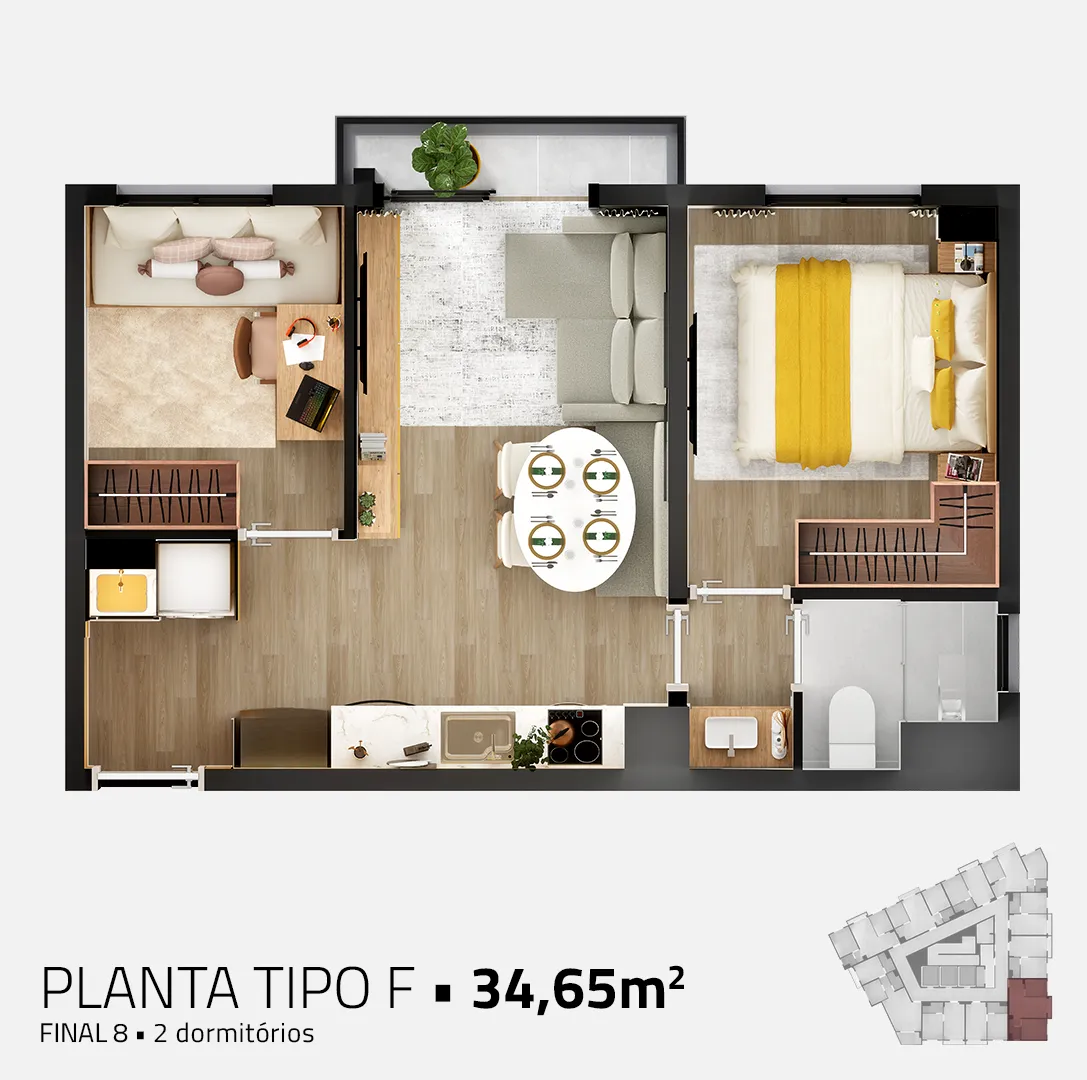 Apto. Tipo F - 34,65 m2 - 2 dorms.